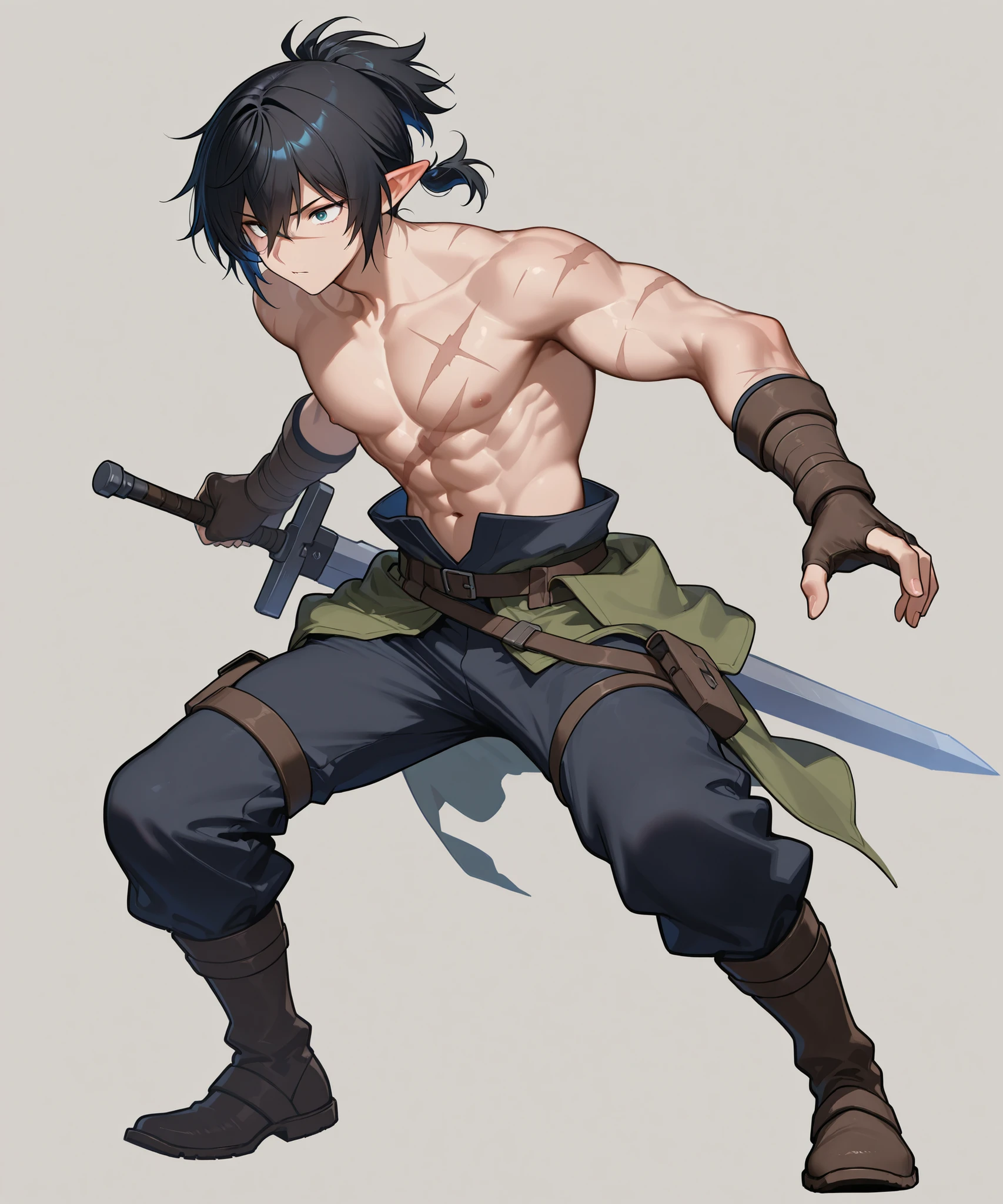 Create an illustration with a young male character standing in front of a dragon. She should appear worn and exhausted, but resilient, with an expression that conveys determination and sadness. The character must have a sword in his hands. He has black eyes (slightly slanted) that reveal a ray of hope and defiance. His baldness reveals his pale and haggard face. He wears tattered clothes, indicative of his harsh living conditions, and remains of a scar or mark on his neck from past punishments.