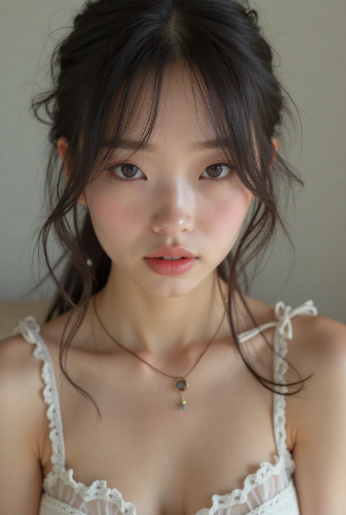 raw photo, 1young girl, kawaii, brown eyes, unique, individual, distinctive face, extremely detailed eye and face, fair skin, lace cute bra, beautiful breasts, upper body, Best Quality, highly detailed, High-definition raw color photos, professional photograpy, Realistic portrait,