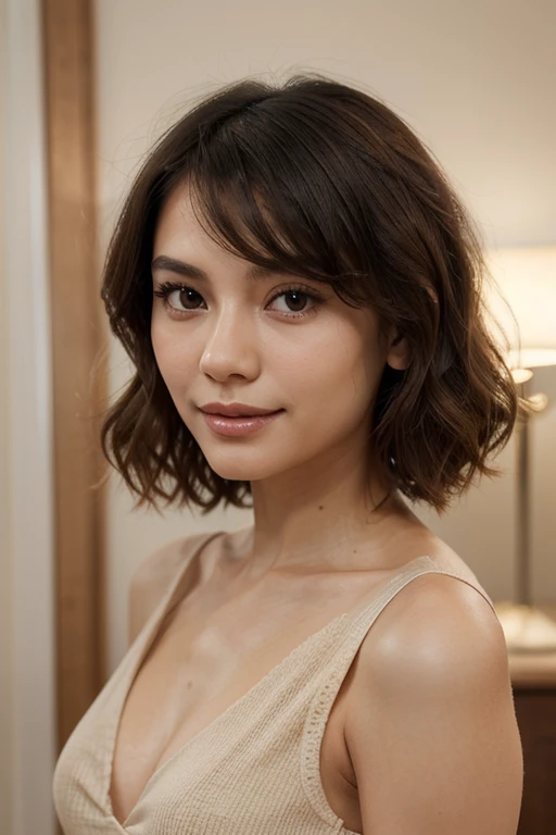 ((Medium shot scene、Two-thirds of the body is standing))highest quality、masterpiece、超A high resolution、(Photorealistic:1.4)、Japanese women、30-year-old woman，bangs、short hair、Colorful and sexy bra、（Huge breasts：1.4）、Slightly chubby：1.2，Straight body，A little chubby face：1.2，Wrinkles around the eyes，Wrinkles at the corners of the mouth，Perfect body，Standing on one&#39;My feet、