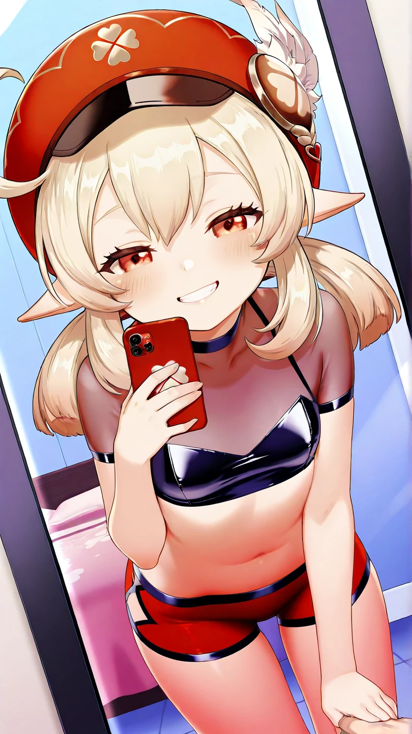 best quality, high_resolution, red-skinned demon girl, with red skin, with a lustful face has her hips on the camera, the camera can see her panties, blonde pigtails hair, brown eyes, a boob size A, sfw