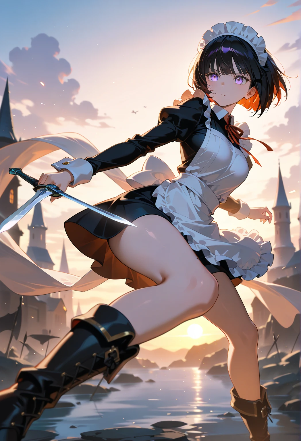 ((blood droplets)), ((blood)), ((blood splatter)), ((blood on clothes)), ((blood stain)), Masterpiece, Beautiful art, professional artist, 8k, Very detailed face, Detailed clothing, detailed fabric, 1 girl, Chiori \(genshin impact\), view from behind, perfect ass, standing, perfectly drawn body, big breasts, shy expression, pale skin, beautiful face, long black hair, 4k eyes, very detailed eyes, pink cheeks, choker:1.6, (white collar button down long sleeve shirt), black gloves, gloves that cover hands, (holds an ax with his right hand), (black leather corset), (shiny black tight mini skirt), Sensual Lips , evening de invierno, show details in the eyes, looking at the viewer, Dark road, dark forest, evening, Atmosphere, fog