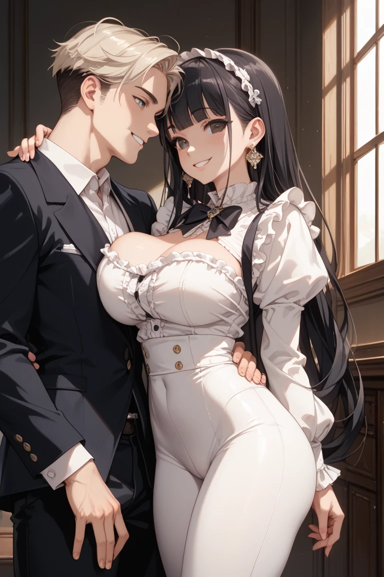 Full body image of two characters, standing, a woman, with a black maid outfit with a black skirt and white tights with clasps on the skirt wearing a maid headdress, extremely sexy, exaggeratedly large breasts and exhibitioniata with tight clothing on the body, a very tall man with wrinkled skin and a long white beard with a black and taped suit, he is holding her from behind tightly by the waist,((she has black hair and blue eyes)), he has his hand on the wall, they are in the entrance from the bathroom you can see the shower open with hot water and steam coming out of the door, they are looking at the viewer, she is smiling, he is angr, anime, Realism, UHD, 16k, masterpiece, high details, best quality, anatomically correct, 16k, best quality, high details, masterpiece, UHD