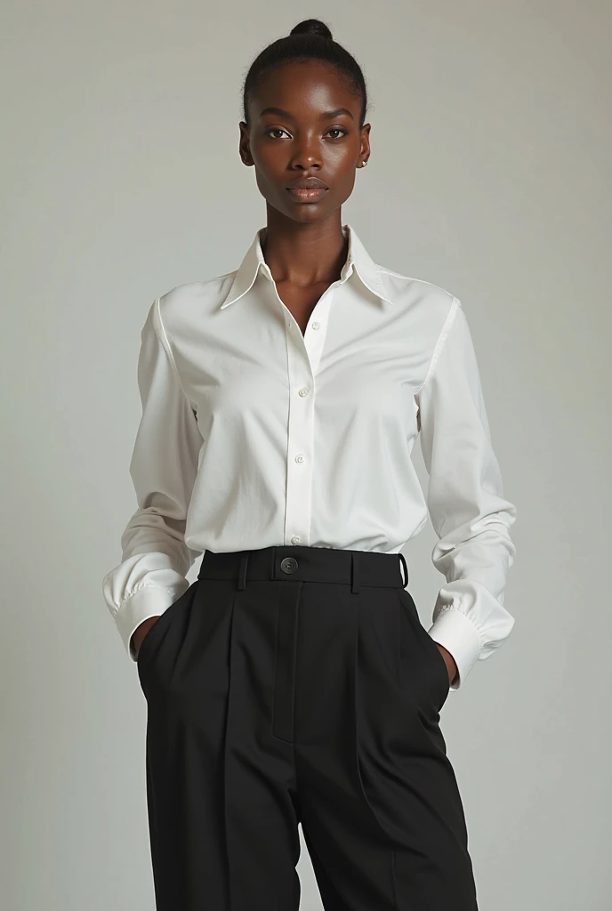 a photo of a seductive woman with loose styled black hair, posing in dark studio, she is wearing Button-up Shirt and Trousers, intricate details, goosebumps, flawless face, nervous, close eyes, (light freckles:0.9), ((photorealistic):1.2), raw