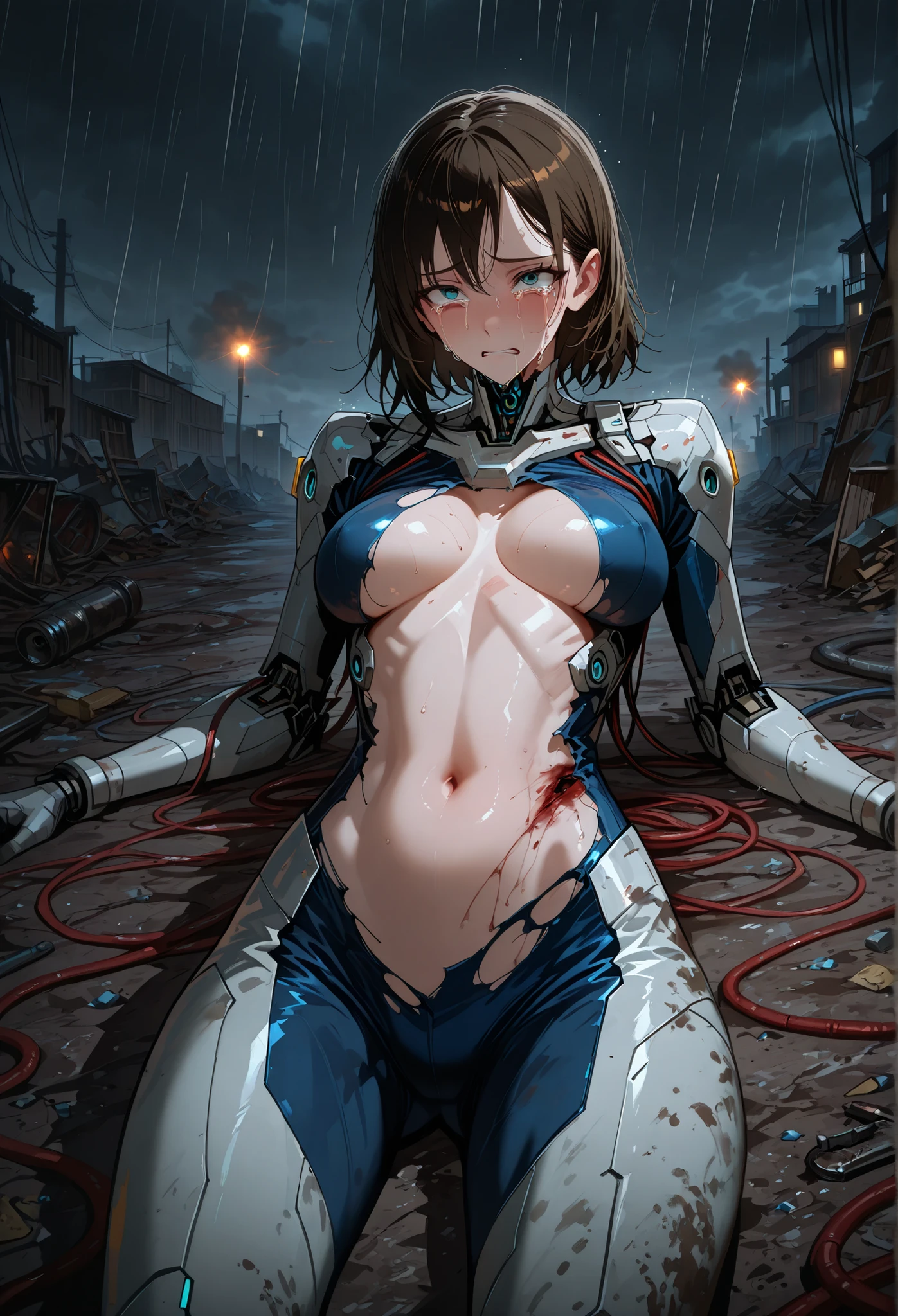 HD, best quality, anatomically correct, Young beautiful woman lying alone on a scrap heath, Is lying in a heap of scrap parts, Young woman has a cyborg, Young woman has ripped half of her stomach, The young woman's cyborg belly is torn open, In the wound are pipes, Cables and oil can be seen, Young woman is looking at her wound, Young woman crying, Young woman is wearing a cyborg combat suit, Young woman has big breasts, (F70), Young woman is skinny fat, (voluptuous figure), Young woman is crying in pain, It is dusk, Sky is covered with dark clouds, dark atmosphere,  light rain, Dirty smoke from an explosion obscures the background, Searchlights are aimed at the young woman,