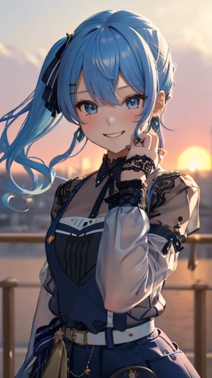 masterpiece, hatsune miku, White shirt, Blue tie, Exposing shoulders, The sleeves are separated, Evil Smiley Face, Dark Skin, Red eyes, Iris, Pupil orange,