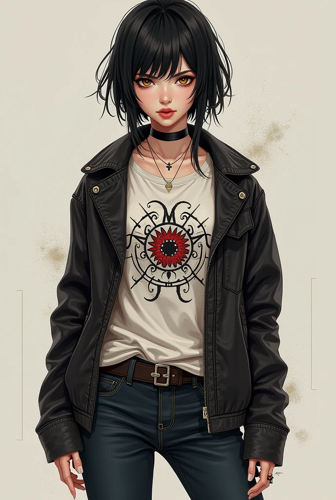 A woman with long black hair, with medium dark skin with vitiligo more in the eyelid region and a little on the right side and on the neck, with a black frame sunglasses,with a tattoo of a black stripe on the right side of his face. With the black turtleneck t-shirt, a dark gray sweatshirt with several brooches with various band designs and symbols with a basic black backpack with several rock band brooches with a basic black, half-wide hoodie with vans sneakers