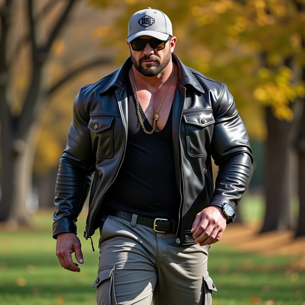 Body builder bald white men wearing unbuttoned black double pocket check shirt and black leather jacket at park 