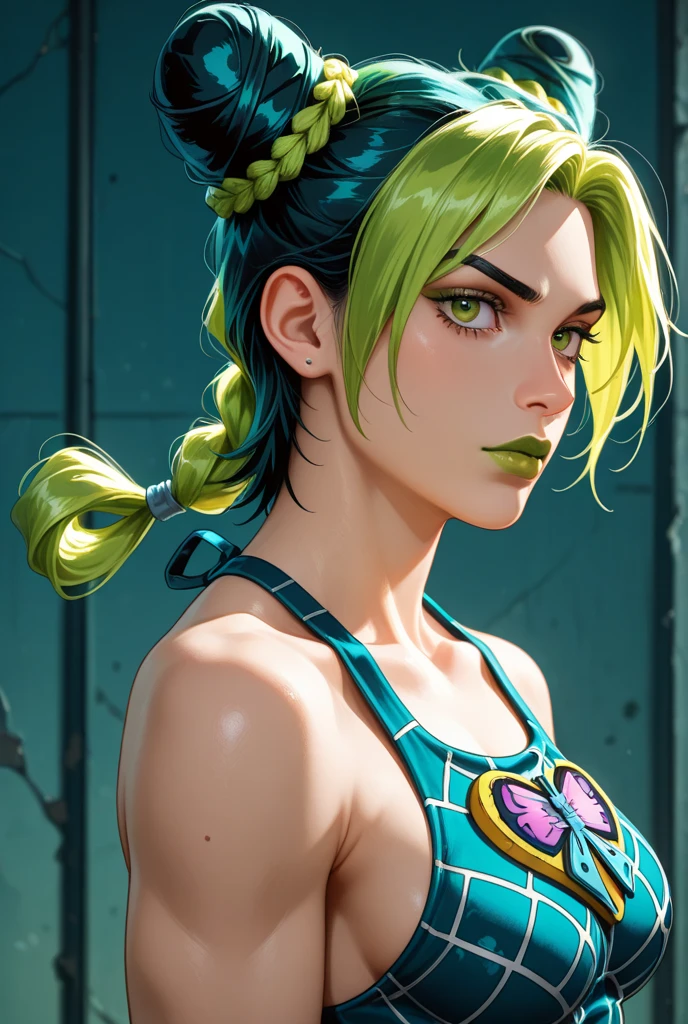 kujo_jolyne, 1girl, masterpiece, best quality, show tits, medium breast, navel, ribs, extremely detailed, hyper detailed, double_bun, green_lips, braided_ponytail, halterneck, sleeveless_shirt, spider_web_print, green eye,<lora:jolyneCujohLora_v1:1>