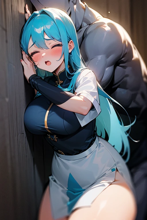 1girl, 1man, muscle man, brown_rope, bound_arms, (((((hands tied behind))))), ((arms behind back)), bondage, rope, arm behind back, grabbed the breast from behind, tape gag, looking behind, ganyu, skyblue hair, goat horns, blush, sweat, shy, horns, long hair, (purple eyes:1.1), sidelocks, bare shoulders, bell, black gloves, black pantyhose, bodystocking, bodystocking under clothes, chinese knot, cowbell, detached sleeves,Genshin Impact