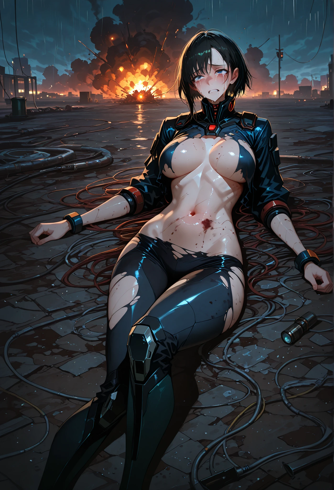 HD, best quality, anatomically correct, Young beautiful woman lying alone on a scrap heath, Is lying in a heap of scrap parts, Young woman has a cyborg, Young woman has ripped half of her stomach, The young woman's cyborg belly is torn open, In the wound are pipes, Cables and oil can be seen, Young woman is looking at her wound, Young woman crying, Young woman wearing a silver cyberpunk combat suit, Young woman has big breasts, (F70), Young woman is skinny fat, (voluptuous figure), Young woman is crying in pain, It is dusk, Sky is covered with dark clouds, dark atmosphere, light rain, Dirty smoke from an explosion obscures the background, Searchlights are aimed at the young woman,