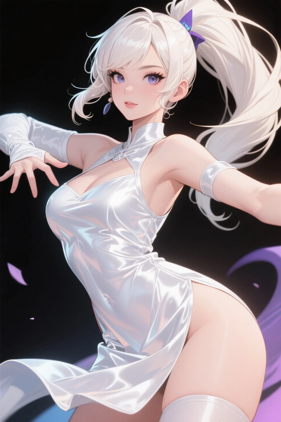 (highres,best quality),beautiful girl,white short hair,curvaceous body,pink latex dress,luxurious background,detailed facial features