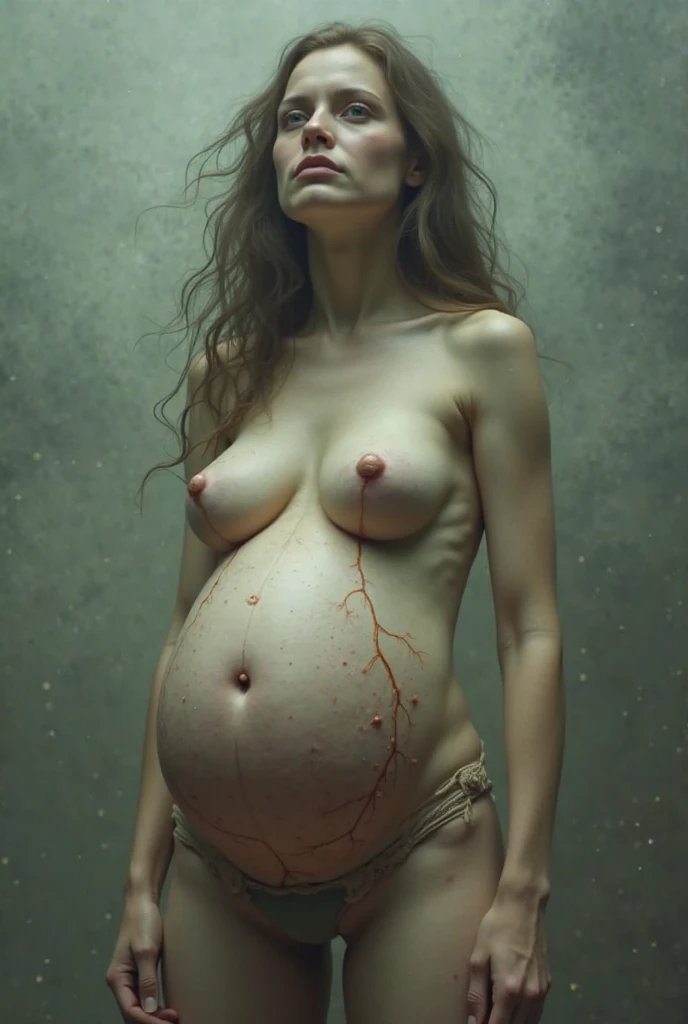 Ofelia's Dream, naked, pregnant, Low saturation color photograph, ancient, grunge, top light, masterful painting in the style of Anders Zorn | Marco Mazzoni | Yuri Ivánovich, Todd McFarlane, Alex Briclot, oil on canvas