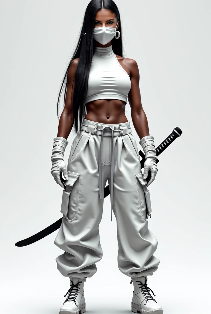 ((Zoe Saldana)) as Jataaka from Mortal Kombat, ((long white hair)), (black loincloth skirt with red lines), (black sleeveless fit top with red lines), (black fit leggings), (high heels), gloves, accessories, make-up, seductive, sexy, hot, sultry, shapely, intricate, high detail, sharp focus, dramatic, photorealistic painting art by greg rutkowski