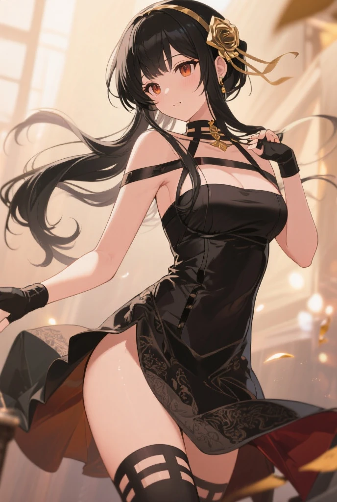 Hu Tao, 1girl, alcohol, alternate costume, armlet, bare shoulders, black background, black dress, black pleated skirt, black gloves, black thighhighs, breasts, cleavage, criss-cross halter, cup, dress, drinking glass, flower, gloves, gradient background, hair between eyes, low twintail hair, halterneck, holding, holding cup, jewelry, medium breasts, long hair, looking at viewer, necklace, black brown hair, brown nails, brown eyes, flower pupils, see-through gloves, solo, thighhighs, thighs, very long hair, wine, wine glass, ((masterpiece))