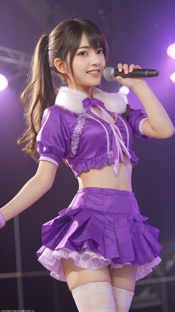 majicMIX Real、(Raw photography:1.2)、(Photorealsitic)、(Beautiful Detail Beauty Japan Idol Costume)、drooing eyes(light brown eyes smiling expression、ighly detailedな目と顔、(美しい詳細なdrooing eyes)、huge filesize、ultra-detailliert、hight resolution、ighly detailed、top-quality、masterpiece、((Nogizaka46's stage costume:1.3))、ighly detailed、 8k wallpaper、((大きな胸の谷間が見えるNogizaka46's stage costume))、finely detail、Light on the Face、电影灯光、20 years girl、(Music Festival Stage Background))、((Colossal tits))、Delicate figure、とてもsmall ass、Very thin constriction:1,3((,Close-up shot of butt lift、Open your legs wide、small ass:1.3、Small pelvis、View VIO、((up skirt:1.3))、Shooting peeking inside the skirt、low angles、Camera work looking up、((Sing and dance with a microphone:1.3))、 White panties、