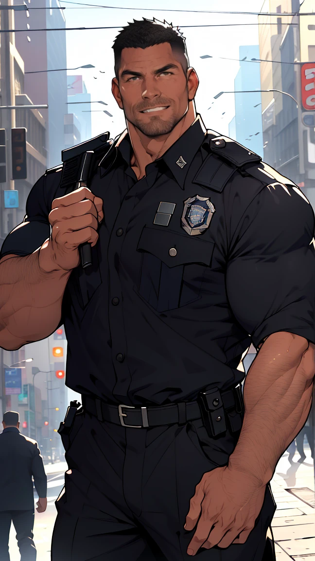best quality, masterpiece, super high resolution, detailed background, realistic, illustration, single, 1 boy, muscle man, beard, SWAT, street, muscle, facial hair, volumetric lighting, depth of field, black clothes, ((black police uniform)), hypnosis