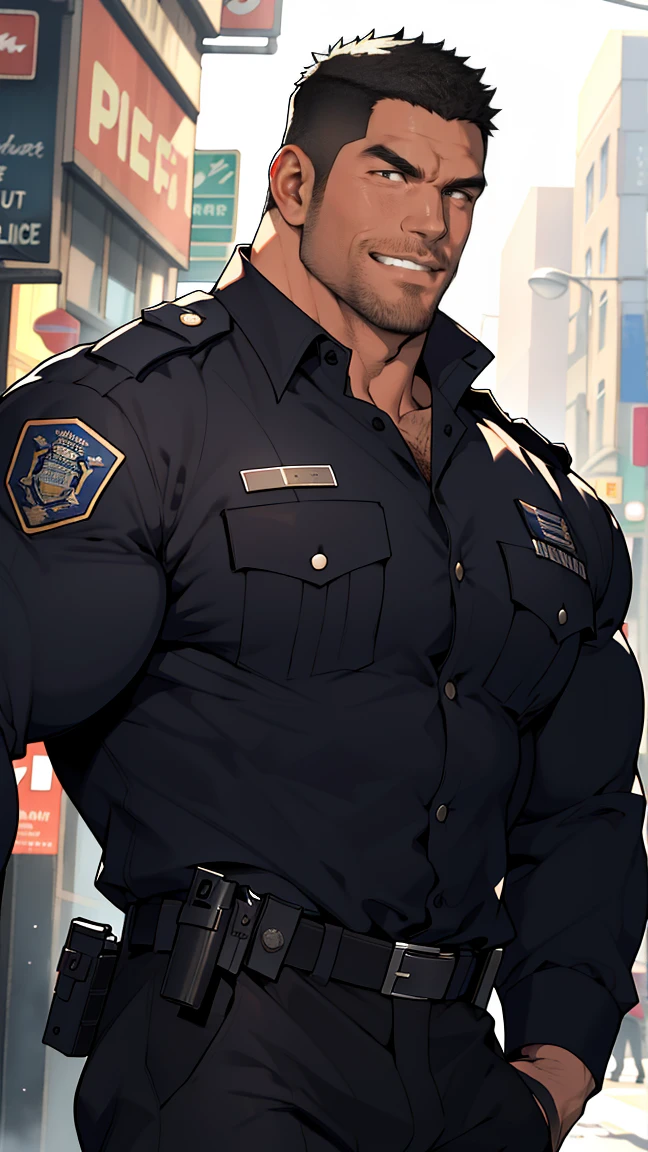 best quality, masterpiece, super high resolution, detailed background, realistic, illustration, single, 1 boy, muscle man, beard, SWAT, hotel, muscle, facial hair, volumetric lighting, depth of field, black clothes, ((black police uniform)), panting, raised crotch