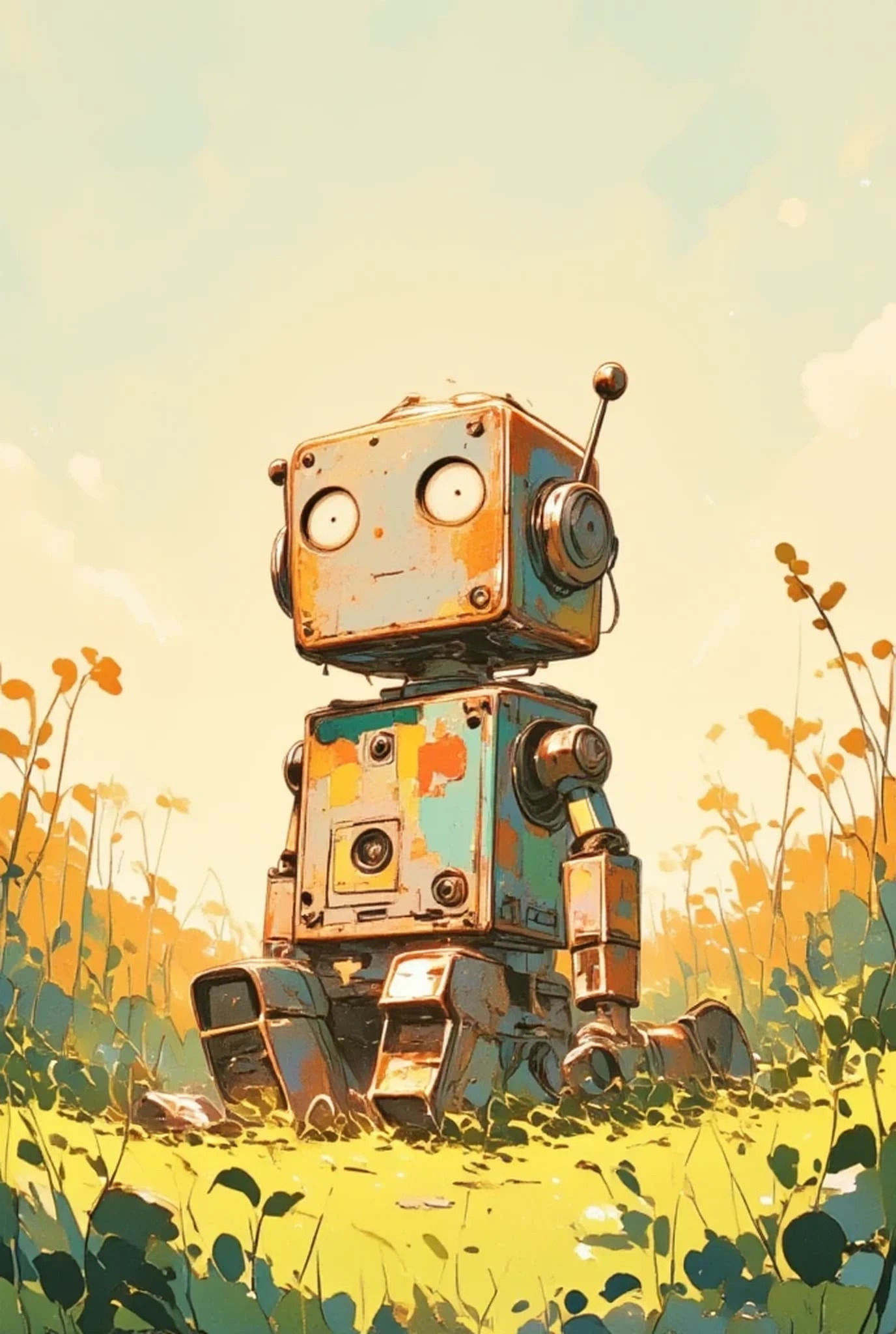 a hand-drawn illustration of a small wind-up toy robot sitting quietly in a field of tall grass at sunset,
its colorful tin body is faded and scratched, with chipped paint and tiny dents from years of play,
on its back is an oversized wind-up key, rusted and slightly bent, no longer turning,
its simple round eyes and boxy face give it a permanently cheerful expression, now softened by time and silence,
its short arms rest stiffly by its sides as it sits motionless, half-sunk in the dirt like a forgotten memory,
a gentle breeze moves the grass around it, and the sky glows with soft watercolor hues of orange and lavender,
illustrated in a picture book style with thick pencil lineart, gentle watercolor washes, subtle color bleeding, and a warm textured paper background,
the atmosphere is nostalgic and quiet — a moment of stillness in the life of a long-abandoned toy, waiting with patient dignity for someone who may never return,whispering-light