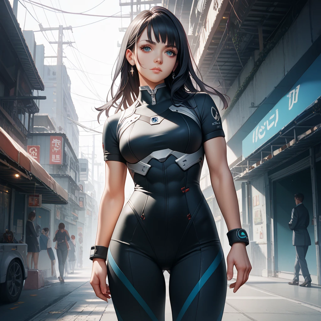 hyperrealisti, work of art, very detailled, sci-fi, dystopian, (gorgeous eyes ), (bangss), Brunetette, Woman, face detailed, skin detailed, Loose Clothes, high socks, overskirt, cyber punk, smooth light, underground dispersal,((horizont)), cumulonimbus clouds, busy street, polluted, dust,