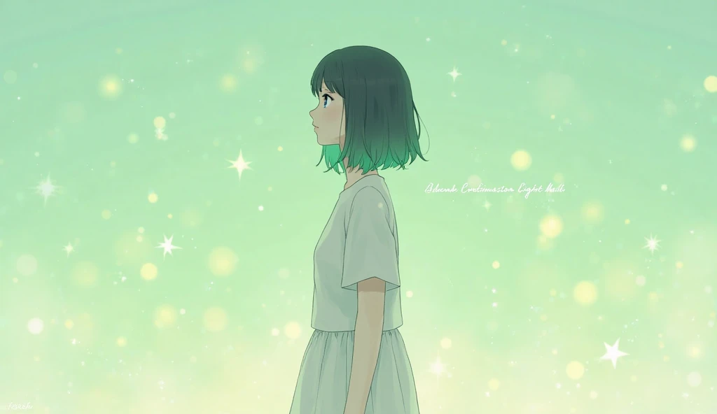 A girl looks out her bedroom window at the night sky, Bright green hair and glowing red eyes, Wearing a white Y-shirt、1 Girl, Baby Face、 Portraiture, High Contrast,Official Art、feet２Book、arm２Book、Eye for fine details、(anime, 8K, masterpiece, Highest quality, Highest quality, beautifully、aesthetic, Professional Illustration, Very detailed, Perfect lighting, Perfect Shading, Perfect sharpness)
