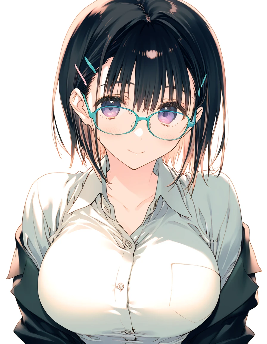 , long black hair, glasses, greeneyes