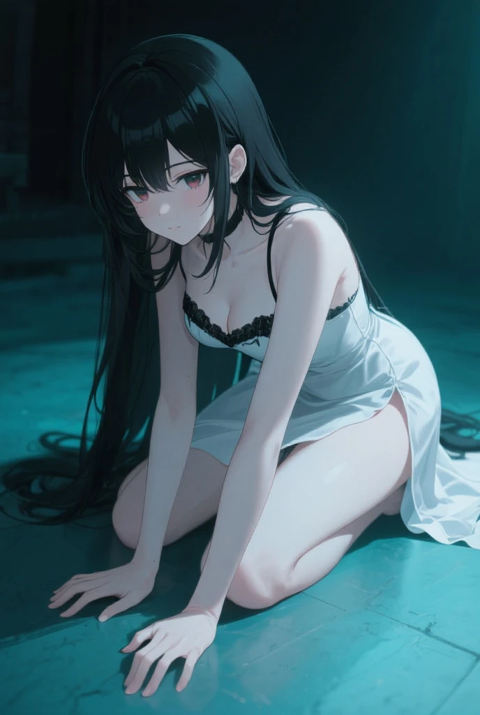 anime girl about 2 lies in the bath in a black dress smoking a cigarette