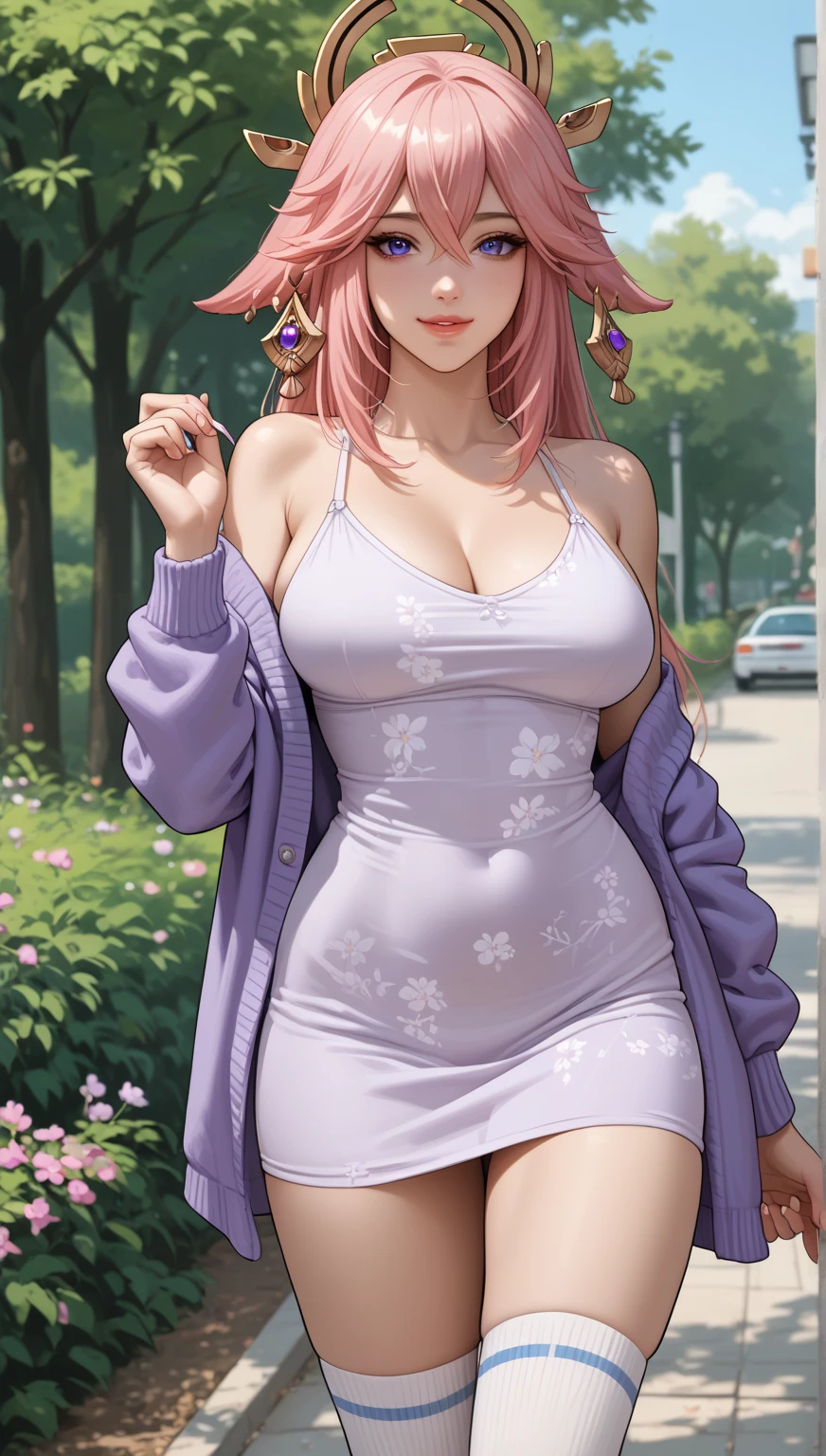 animetoreal, masterpiece, best quality, very aesthetic, absurdres, 1girl, mature_lady,,Neon pink hair,side ponytail,one side up,Wallpaper Fusion, dappled sunlight, day, flower, hydrangea, leaf, light rays, nature, outdoors, path, plant, purple flower, scenery, stairs, sunlight, torii, tree, wisteria,blur background,background defocus,from above