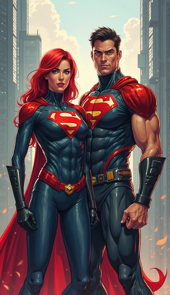(((Poison Ivy))), (((Superman))), High quality, best quality, masterpiece, (1boy1 1girl), (hetero:1.5), mature woman, curves, long wavy redhead hair, green eyes. cleavage. (((woman wearing strapless black leotard))), reverse suspended congress, legs spread