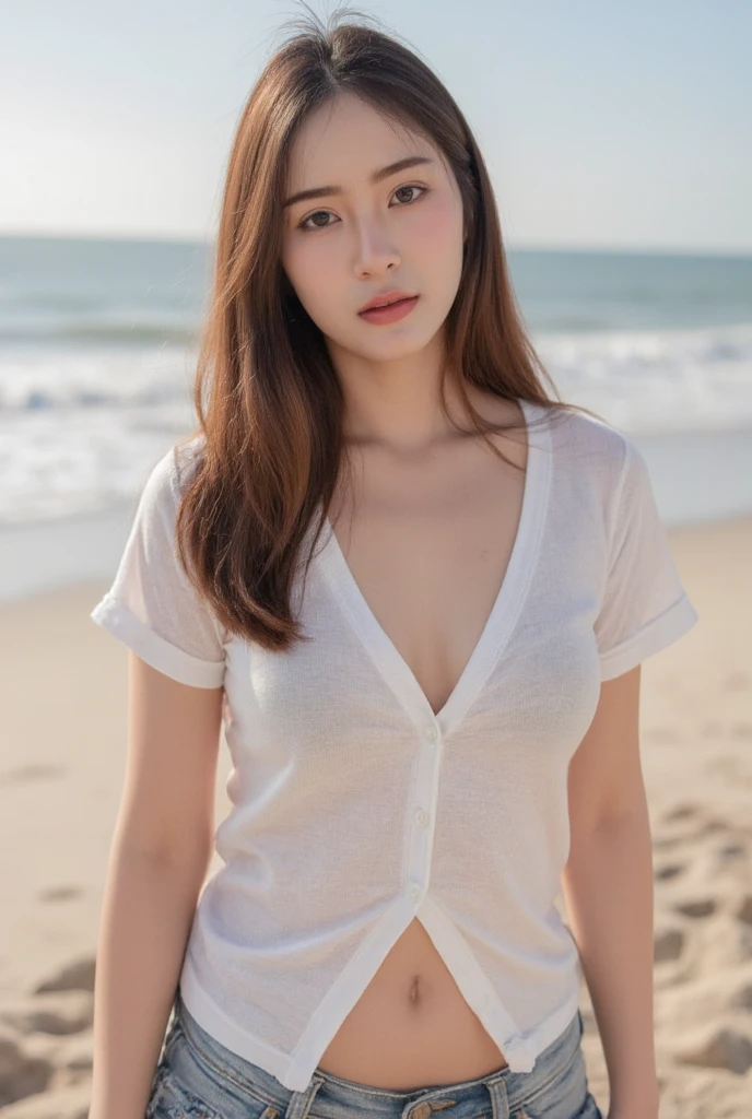 masterpiece, highest quality, 8k, 20th generation, Big Breasts, cute, alone, sad, cute, Girlish,cute 繊細な女の子, cute、Pure beauty,  RAW Photos, Professional photography, Portraiture, Soft Light, Professional Lighting, Backlight, avert your eyes, Sophisticated, Film Grain, (Eye and facial details:1.0), Round face、Floating Hair, beautiful, Flowing hair, Asymmetrical bangs、(Big Breasts:1.0)、White cut and sew、pastel cardigan、Micro Mini Skirt、Voluptuous thighs、dolly make、Heterochromia iridis、Midsummer sky、Cumulonimbuidsummer Beach