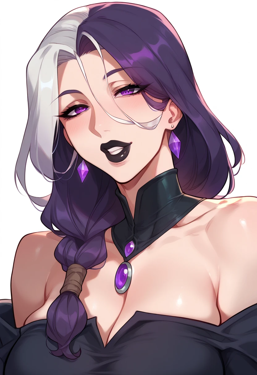 Elaborate CG artwork, (best qualtiy, exquisite detailing, absolute masterpiece), (((Very sexy pose))),(Plus Size Model)),, One woman in high heels),(((Purple hair))), Detailed beautiful mature face, very detailed beautiful face and eyes, (detailed seductive and sharp eyes), (plump shiny purple lips)), (Purple Eye Shadow), blush, (sadistic seductive smile), (glittery skin), (wet oily skin),