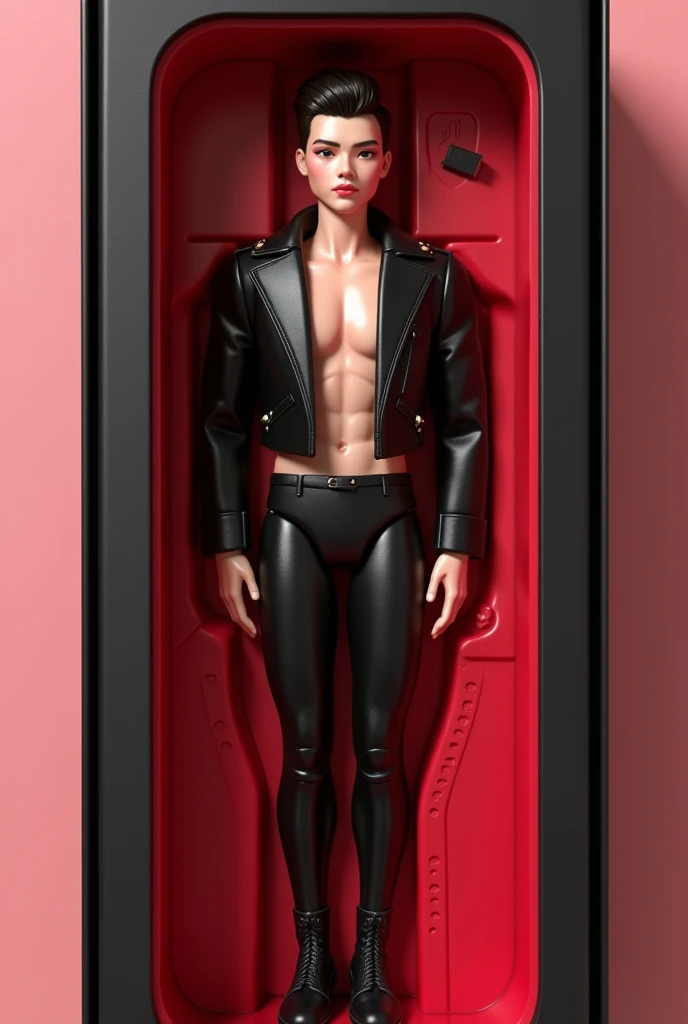 a gay 25 year old man with smooth skin and blond hair stands in front of a mirror, with a slight smile of pride for working out and being fit.  Create an interesting portrait of this gay man.   add a red leather jacket to each model