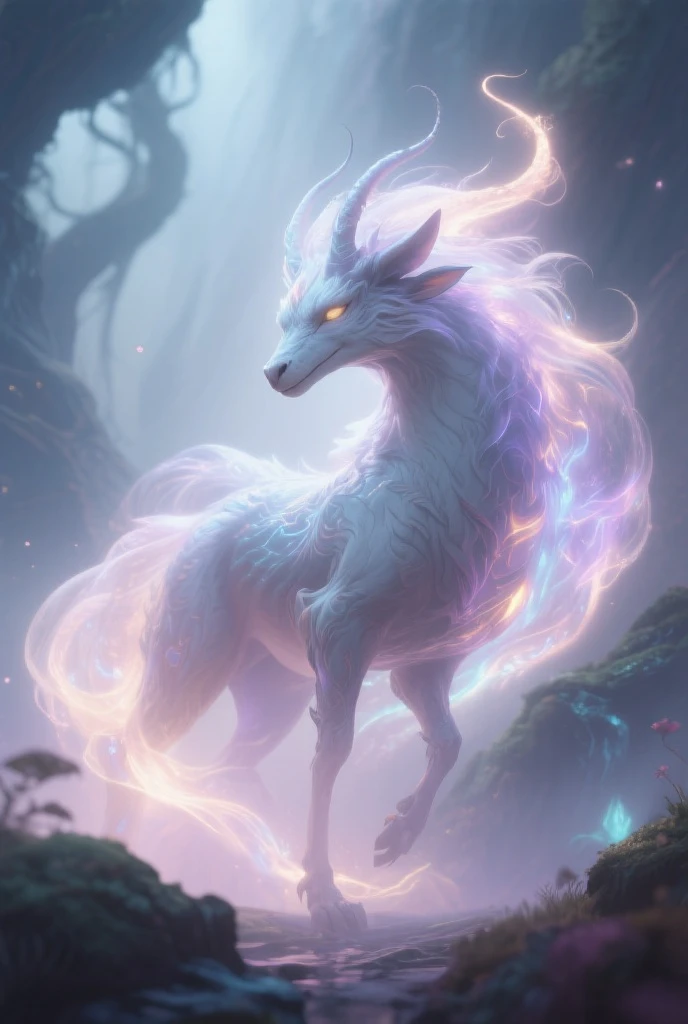 isometric, color contrast, 1 entity, mid shot, full body, (( is a full body of a feral animal creature entity:1.3)) feral animal between a a plant forms, and a feral magical life, with a feral animal creature that have fauna and flora features, ( Iridescent tendrils of light intertwine and weave together, forming intricate patterns.:1.3), and a feral animal that have the features of a A spectral being with an amorphous body, floating and swirling in a ghostly mist. and Crystalloid head with crystalline formations, refracting light, and a radiant presence with Horns with a translucent, ethereal quality, shimmering and radiating a soft, otherworldly light. and A tail composed of delicate, interwoven threads of moonlight, cascading and glimmering with a silver radiance, evoking a sense of ethereal beauty,
