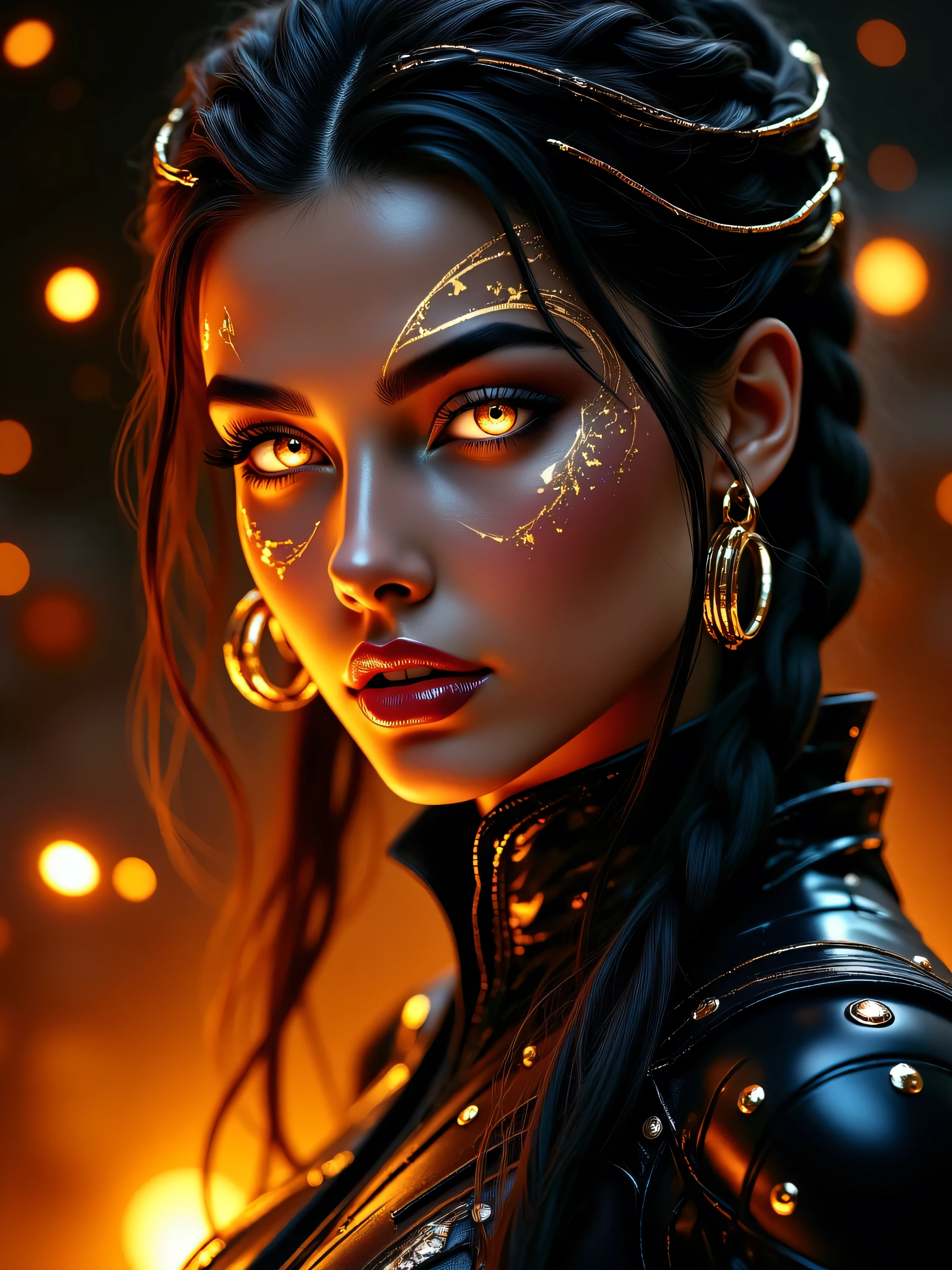 "A stunning, hyper-realistic portrait of a fierce young woman with glowing golden eyes that emit light. Her sleek black hair is braided and interwoven with ethereal golden strands that shimmer. She wears a futuristic, glossy black leather uniform with metallic buttons, and large gold hoop earrings. The lighting is cinematic with warm orange glows that highlight her face and hair. The background is dark and moody, with glowing embers floating in the air, adding a fantasy-meets-sci-fi atmosphere. Her expression is intense, calm, and powerful, exuding elegance and mystery."