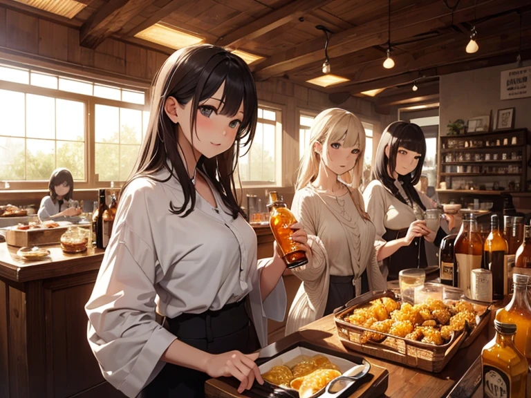 Photorealistic、Highest quality、Highest Resolution、Highest quality、８Ｋ、Beautiful woman、whole body、They are grilling delicious looking yakiniku.、smile、Smile、looks fun、Izakaya、Many customers、Beer 、cheers、Beer でcheers、
