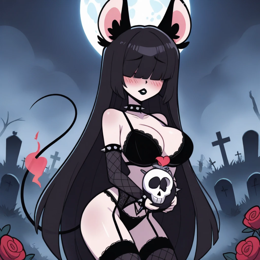 Half body, A beautiful woman, long wavy black hair, brown eyes, transparent fabric that marks the figure of the body , cat ears and tail, fangs, horns, sexi, Large Thighs and Buttocks, Medium Breasts, nude hugging a skeleton, black ritual, blood, pentragram, black candles, gothic art