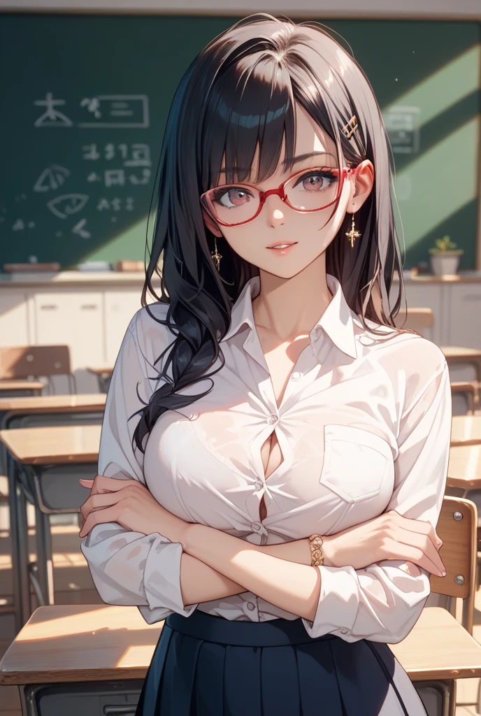 (Highest quality, 8K, 4K, High resolution, masterpiece:1.2), Very detailed, Anime Style:0.9, Realistic, Bright colors, Written boundary depth, Blurred Background, alone, 1 female, (Black Hair, Long Hair, Braid, Glasses, Dark brown eyes), Beautiful facial details, Beautiful Eyes, Long eyelashes, Soft lips, (Small face), (smile:1.3), Rear View, ((uniform:1.2, )), classroom, (Spread your legs wide), Lace Underwear, Big cleavage,Nipple slip, Expressions of ecstasy, Sweat, Blushing, My body is soaked,Wet Panties,Cloudy semen splattered on her chest,