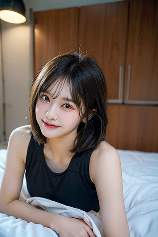 (8K、Raw photo、highest quality、)、(real、フォトreal:1.37)、ultra high resolution、1 girl、short bob、hair behind ears(a 19 years old girl、small face、spoiled face, natural makeup)(fair skin)(droopy eyes、wide eyes、sparkling eyes)(((smile)))(Idol:1.4)、Glossy skin、round beautiful breasts、beautiful cleavage、thin waist、big ass、slim thighs、 smile、Glossy texture、Bedroom、Bed、black knit tight dress、short boots、sleep on your back、(((full body shot from above)))