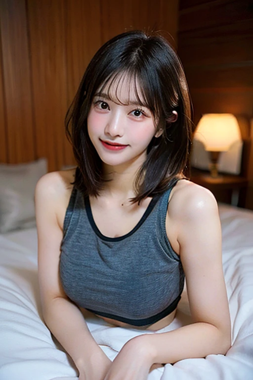 1gir, (8K、highest quality、highest quality、masterpiece、ultra high resolution(Reality:1.4),beautiful woman with perfect figure:1.4、big ,carefully crafted face, carefully made hands:1.3、skin texture),Full body Esbian、sexy pose、Gravure idol、late 20s、(Tight white tank top)、(black shorts)、Bed Scene、medium bob hair、A glimpse of a black bra
