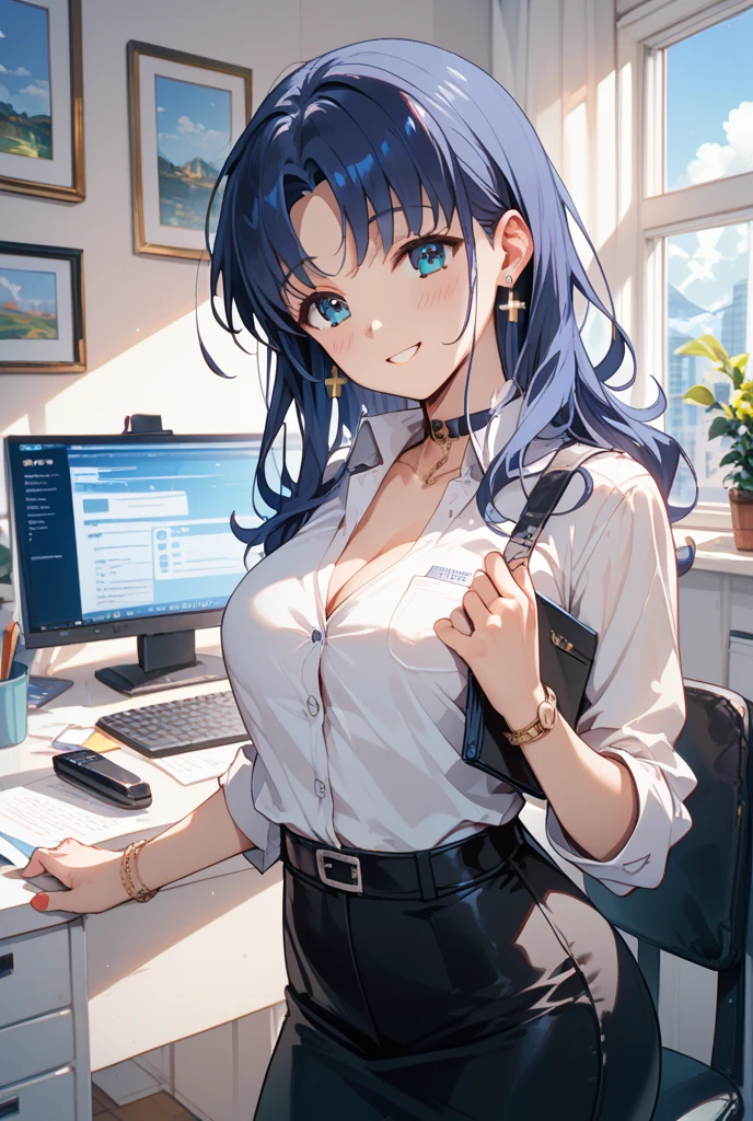 Woman sitting on chair in front of window,office,sitting in front of a computer, Fascinating office ledy, 28 years old,Slender figure,White blouse,clavicle,Cleavage,Pink Bra,detailed Digital anime art, Charming smile, Portrait, Ilya Kuvshinov. 4k yen, Smooth anime CG art, Cute realistic portrait, Beautiful Anime Girls, Digital anime art, Gweiz-style artwork, Cute Anime Girl, sitting in front of a computer,