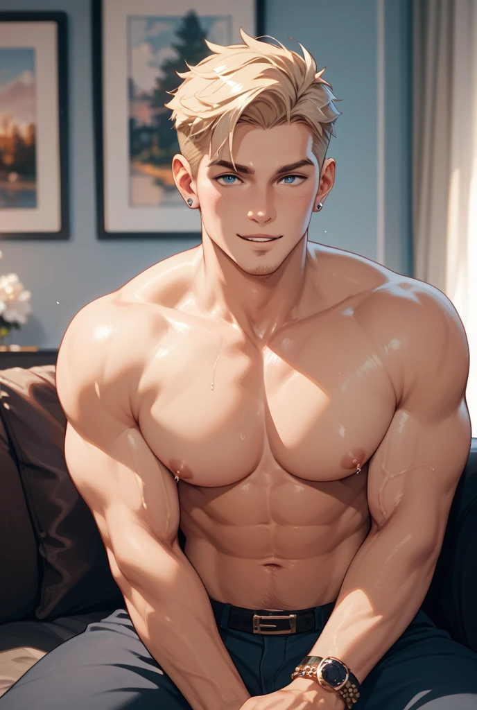 tall college man((cropped blonde hair); blue eyes; pale skin; athletic; ruggedly handsome; chest hair; smiling; a bit rough-looking); in high-end apartment; best quality; trending on artstation; dark room with complex volumetric lighting; strong shadows; artistic lighting; dynamic; energetic vibe; realistic skin; specular highlights; micro-textures; highly detailed hair; darkened room; very dim and warm incandescent lighting; night time; male;
