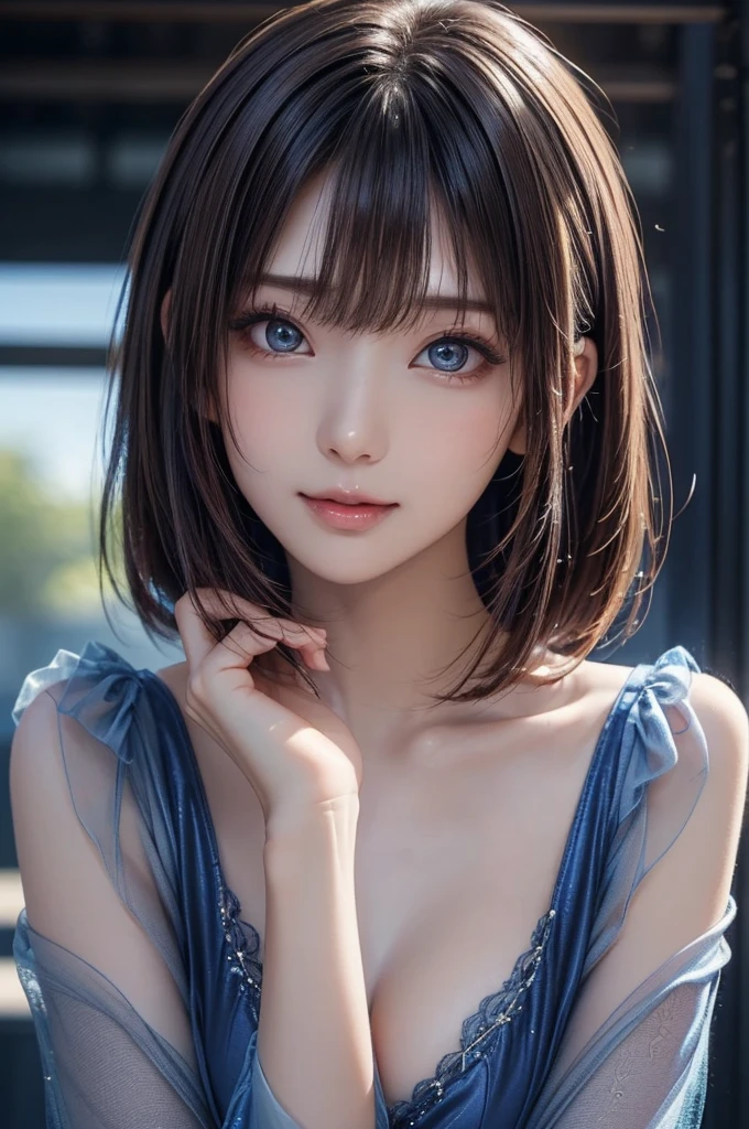 (Thin eyebrows)、((Very strong sunlight))、((((Beautiful silver hair))))、((small head))、(Beautiful silver hair with short wavy:1.2)、FULL BODYSHOT、(((8K, Raw photography)))、 (((The face is Enako of a cosplayer))),(Shot from above in highly detailed 8K)、(extremely delicate and beautiful)、(​masterpiece)、(top-quality:1.0)、(超A high resolution:1.0)、realistic shadow、[hight resolution]、 Detailed skin、ultra-detailliert、(Beautiful hair)、Photorealsitic、Lifelike face、big breasts thin waist、realisticeyes、Small eyes、(((between breasts)))、(eye liner)、(mascara)、 Lips with pink lips、((Very happy smile))、Show shoulders、Complex patterns and transparent materials、Artistic depiction of seductive women, Emphasizes her charming silhouette。The scene is、Basking in the hot sun、It makes you feel the delicate beauty and charm of nature。(((intricate detailes))、high détails、gargantilha、NSFW,((top-quality、8K、​masterpiece:1.3))、Crisp focus:1.2、 (((Enameled ultramarine and silver corset)))、(beaming)