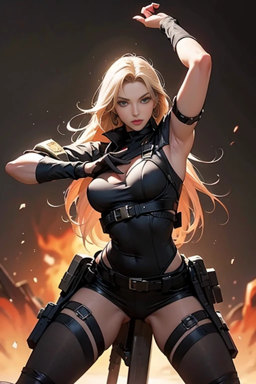 ((foto de corpo inteiro)), ((foto realista)), uma mulher, solo, militar, (colete: 1.2), 8k, high-res, obra-prima, melhor qualidade, (headpe: 1.3), pele finamente detalhada, transparent black bra, tattoo, skirt, roupas apertadas, sensual