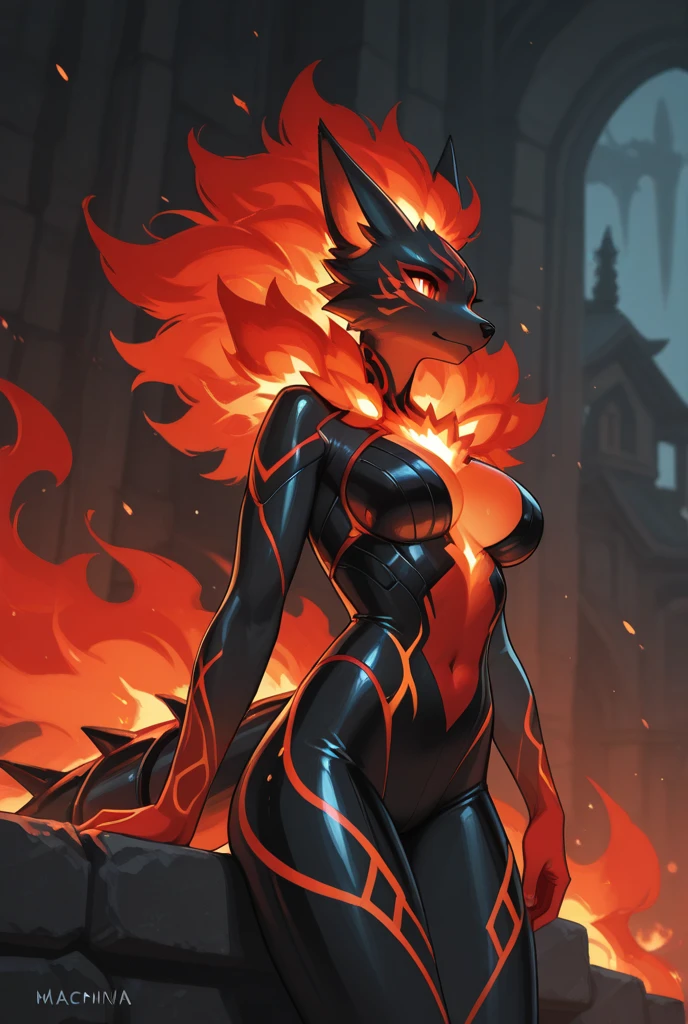 muscular_mature_horse female flaming_hair orange_mane black_furry_body orange_irises black_sclera scarred_body seductive_pose solo Masterpiece best_quality absurdres highly_detailed cleanly_drawn_eyes anthro_only by_claweddrip, by_greasymojo, by_underscore-b, by_runawaystride