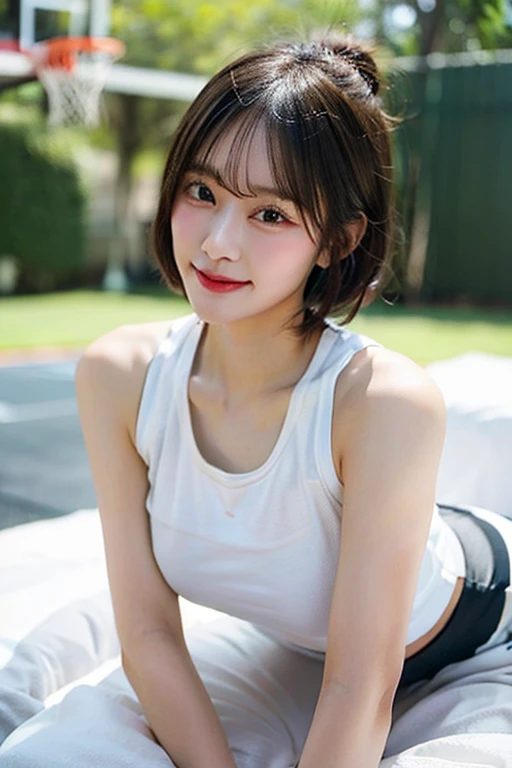Bed,Sit down,Naivety,Black Hair,Very Short Hair,Navy blue tank top,A big smile,5th grade elementary school,Japanese,single eyelid,Sharp face,Slender figure,Honey,Look here,transparent, (masterpiece, Highest quality), Structure of the film, Like a movie