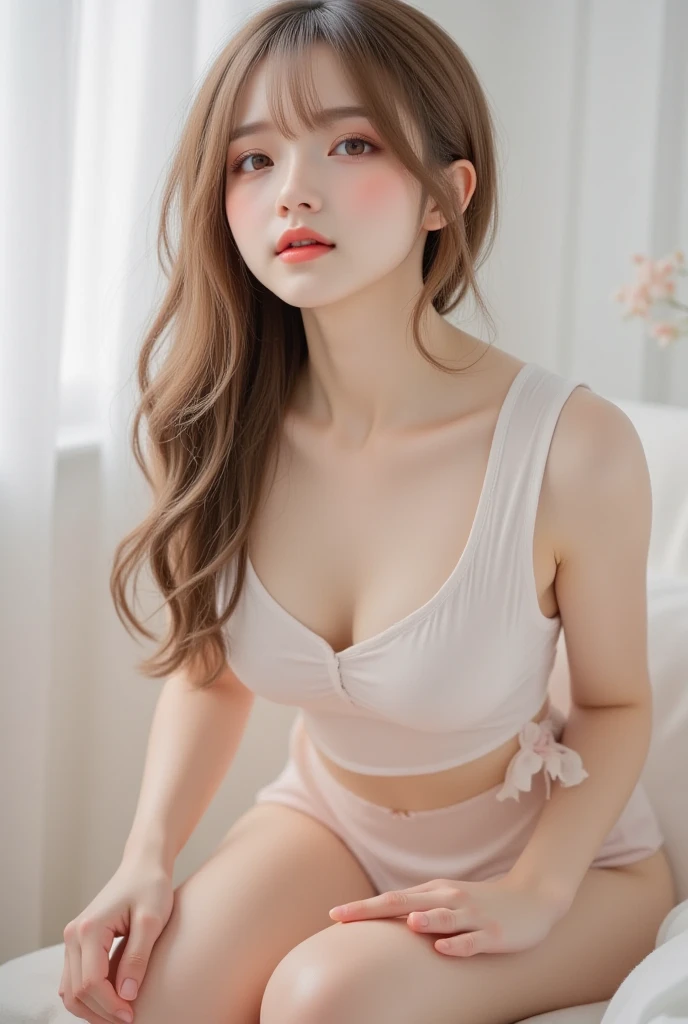 (Ultra realistic, high res), (ung girl), (extremely detailed beautiful face), Amazing face and eyes, (Best Quality:1.4), (Ultra-detailed), (extremely detailed CG unified 8k wallpaper), Highly detailed, High-definition raw color photos, Professional Photography, Realistic portrait, Amazing face and eyes, Pink eyes, (lace camisole, Pleated mini-skirt:1.3), (lace camisole with wide open breasts:1.3), (big breasts:1.3), Brown hair, Model, bedroom, cute bed, pillow, cute floral wallpaper, stuffed bear, indoor, sitting, (spread legs wide open:1.2), (no panties:1.3), (cameltoe), (Bokeh), depth of fields, (view from below:1.2)