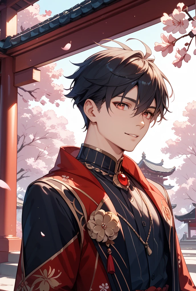 (masterpiece, best quality, 3d:1.2), hui xiyi,1boy, black hair, face, facial mark, forehead, bangs, looking at viewer, short hair, solo, tattoo, upper body, yellow eyes, rekkyo sensen, chinese clothes, black clothes, red jacket, silver choker, navel, pants, black pants, background((shanghai, architecture, blue sky, bush, castle, village, no humans, cloud, cloudy sky, day, field, garden, grass, hill, house, lamppost, landscape, mountain, mountainous horizon, nature, no humans, outdoors, scenery, shrine, sky))