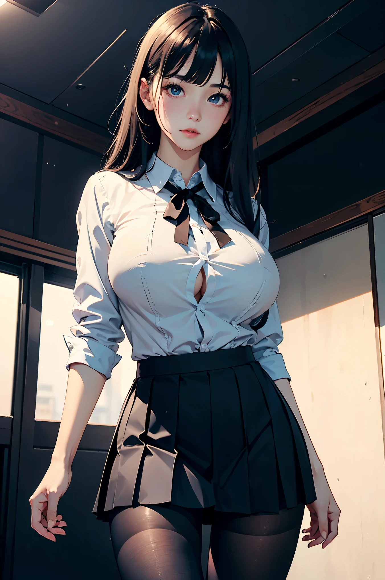 (masterpiece:1.2, highest quality), (realistic, photorealistic:1.4), beautiful illustrations, (natural side lighting, movie lighting), Depth of written boundary, Beautiful thighs looking at the viewer, (face focus, Upper body), Front view, 1 girl, English, high school girl, 15 years old, perfect face, Cute symmetrical face, shiny skin, Random Uniform、
(random hairstyles、blonde), Big eyes, long eyelashes chest), thin, tall、
beautiful hair, beautiful face, fine and beautiful eyes, beautiful clavicle, beautiful body, beautiful breasts, beautiful thighs, beautiful feet, beautiful fingers,
((fine fabric texture, Brown knitted vest, short sleeve white collar shirt, navy pleated skirt, Navy bow tie)),
(beautiful scenery), evening, (Inside the flower shop), Are standing, (smile, Upper grade, open your mouth), (((skirt lift, Panties and pantyhose are visible)))