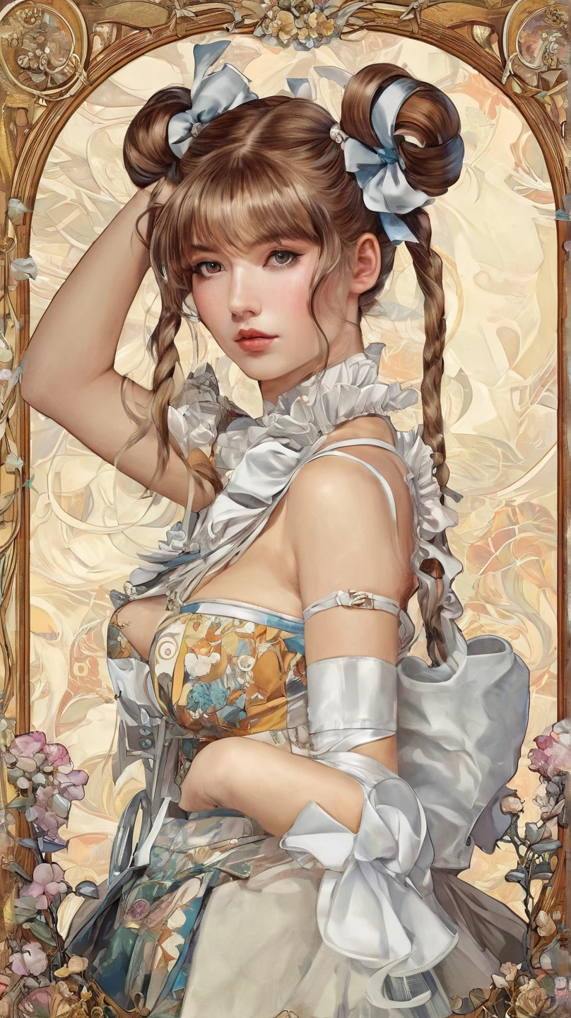 beautiful lady, Alphonse Mucha's style、Top hat、tailcoat, 比基尼, tiese, light reflections, Oil painting, voluminetric lighting,sexy big breasts exposed,extremely large bosom,