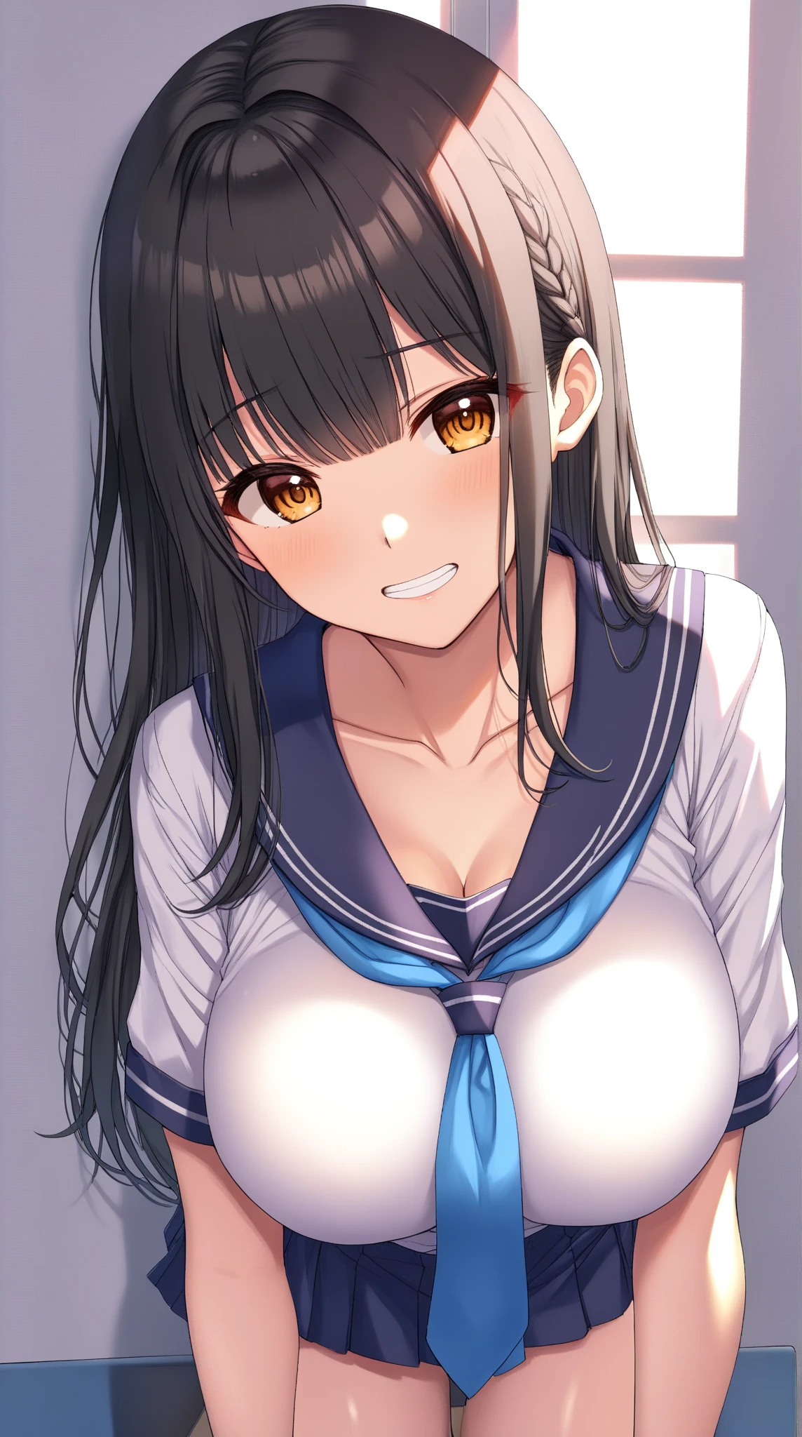 One person、Long Hair、、Black Hair、With bangs、6 year old girl、small、1st grade elementary school students、Baby Face、Blushed、Innocent face、Big eyes、barefoot、black eye、cute、Are thin、凄くsmall胸、身長のsmall、With legs apart 、School、Bare Skin、(((Upper body naked)))、Show the whole body、On all fours,