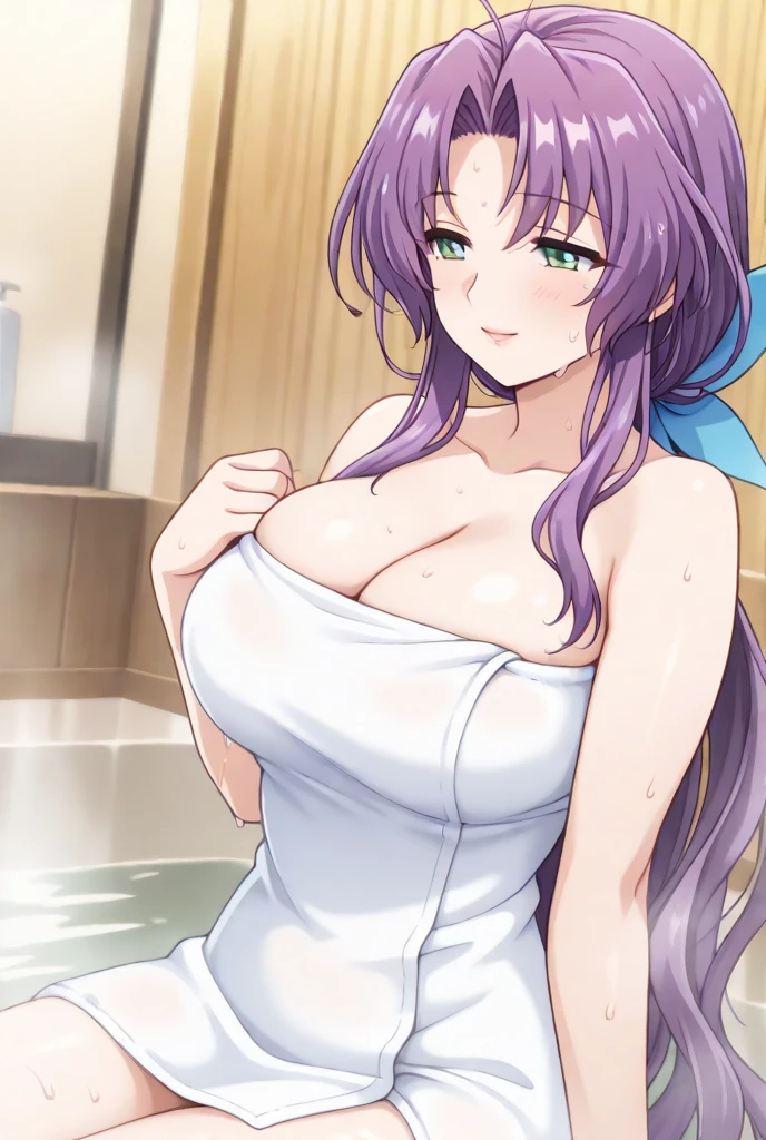 Violet hair, curl, purple eyes, mommy vibes, thick, fanservice, lewd, long hair, adult, towel